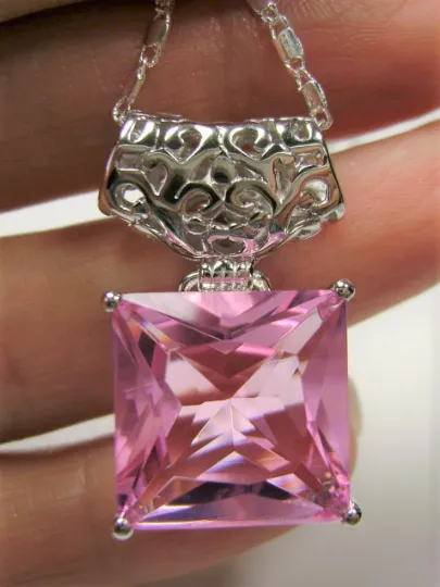 Pink Pendant, Square Gem, Sterling Silver Art Deco Jewelry #P45