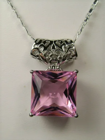 Pink Pendant, Square Gem, Sterling Silver Art Deco Jewelry #P45