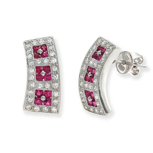 Pink Sapphire & Pave Diamond Earrings, 18K White Gold