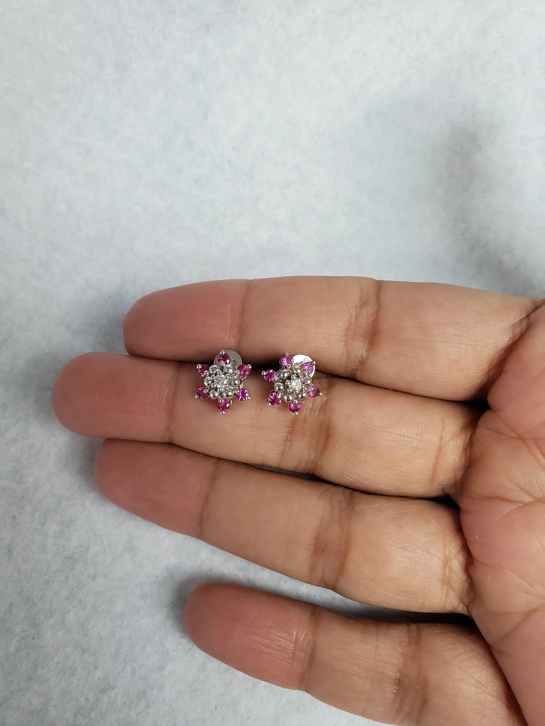 Pink Sapphire Diamond Flower Earrings .61cttw 14k White Gold