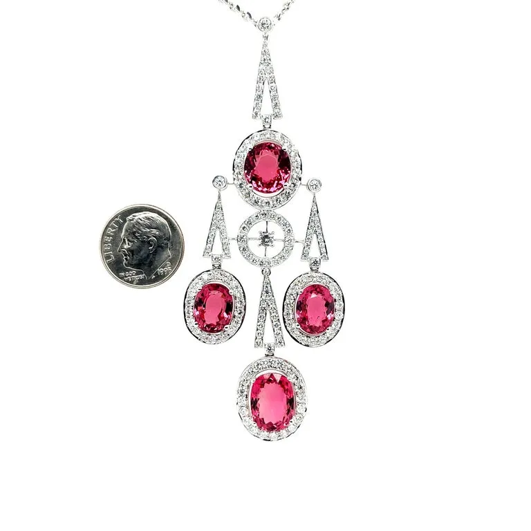 Pink Tourmaline and Diamond Art Deco Drop Necklace in 18k White Gold