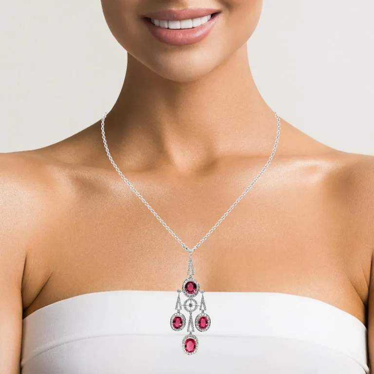 Pink Tourmaline and Diamond Art Deco Drop Necklace in 18k White Gold
