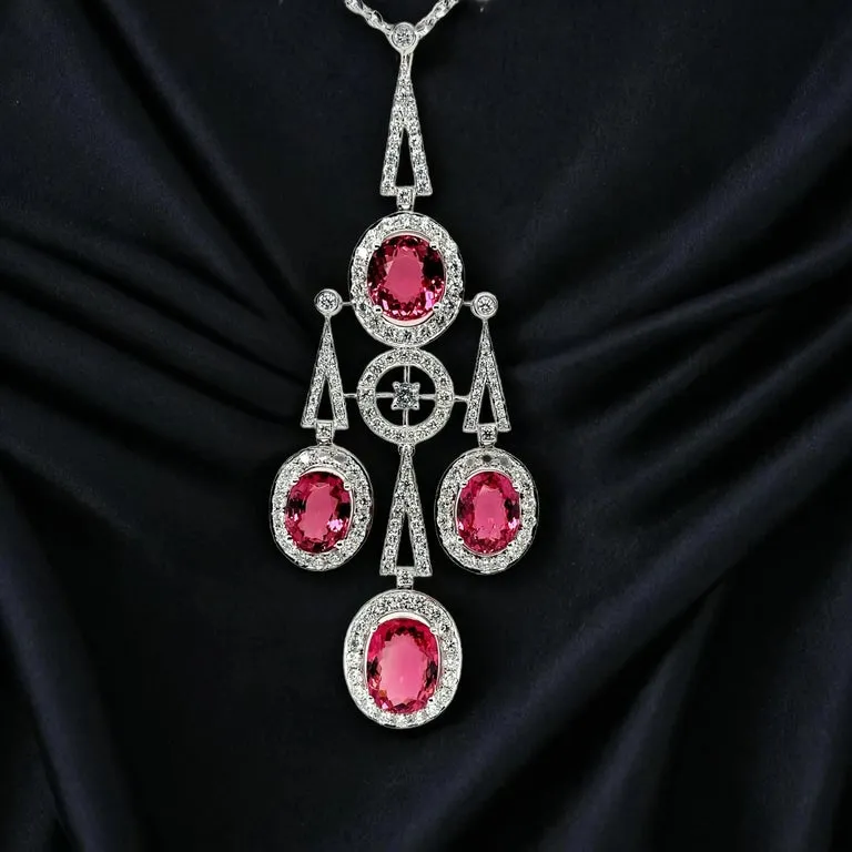 Pink Tourmaline and Diamond Art Deco Drop Necklace in 18k White Gold