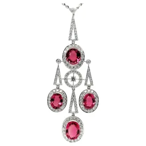 Pink Tourmaline and Diamond Art Deco Drop Necklace in 18k White Gold