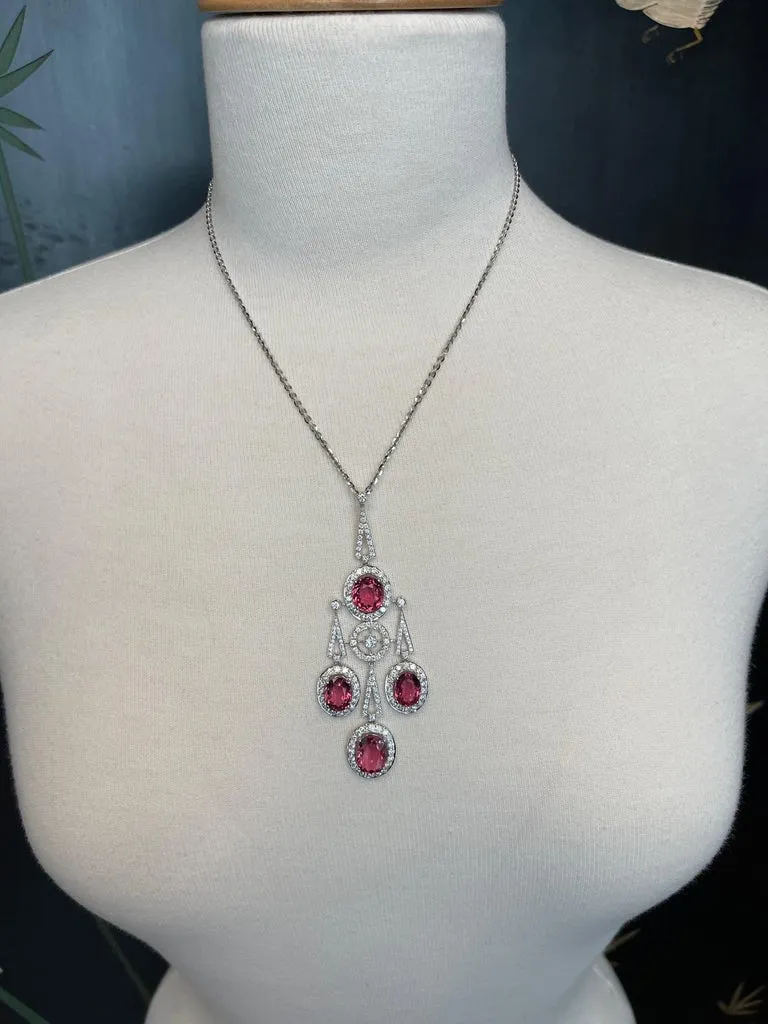 Pink Tourmaline and Diamond Art Deco Drop Necklace in 18k White Gold