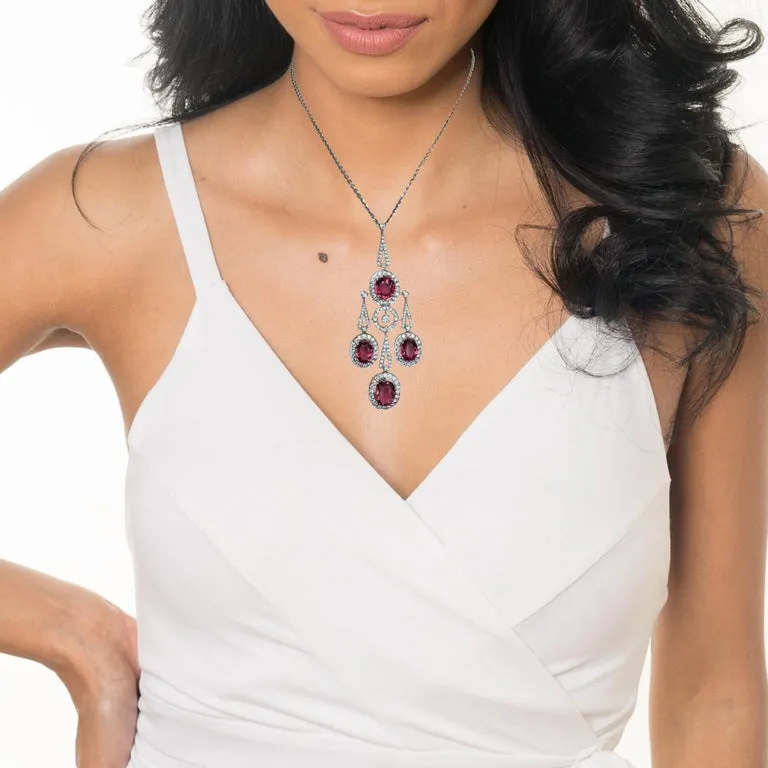 Pink Tourmaline and Diamond Art Deco Drop Necklace in 18k White Gold