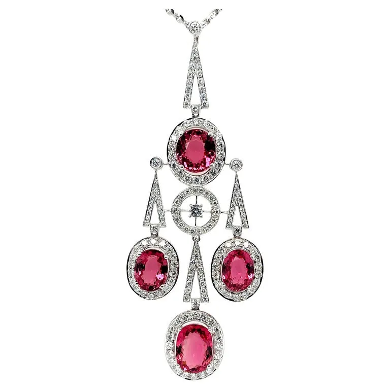 Pink Tourmaline and Diamond Art Deco Drop Necklace in 18k White Gold