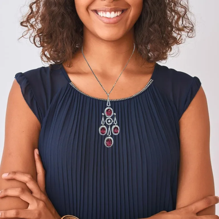 Pink Tourmaline and Diamond Art Deco Drop Necklace in 18k White Gold