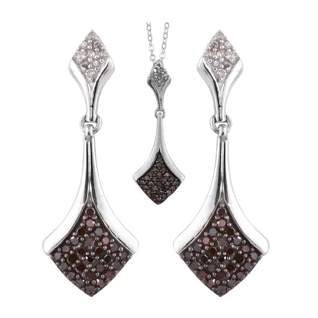 Platinum over Sterling Silver Red and White Diamond Pendant and Earring Set with Chain