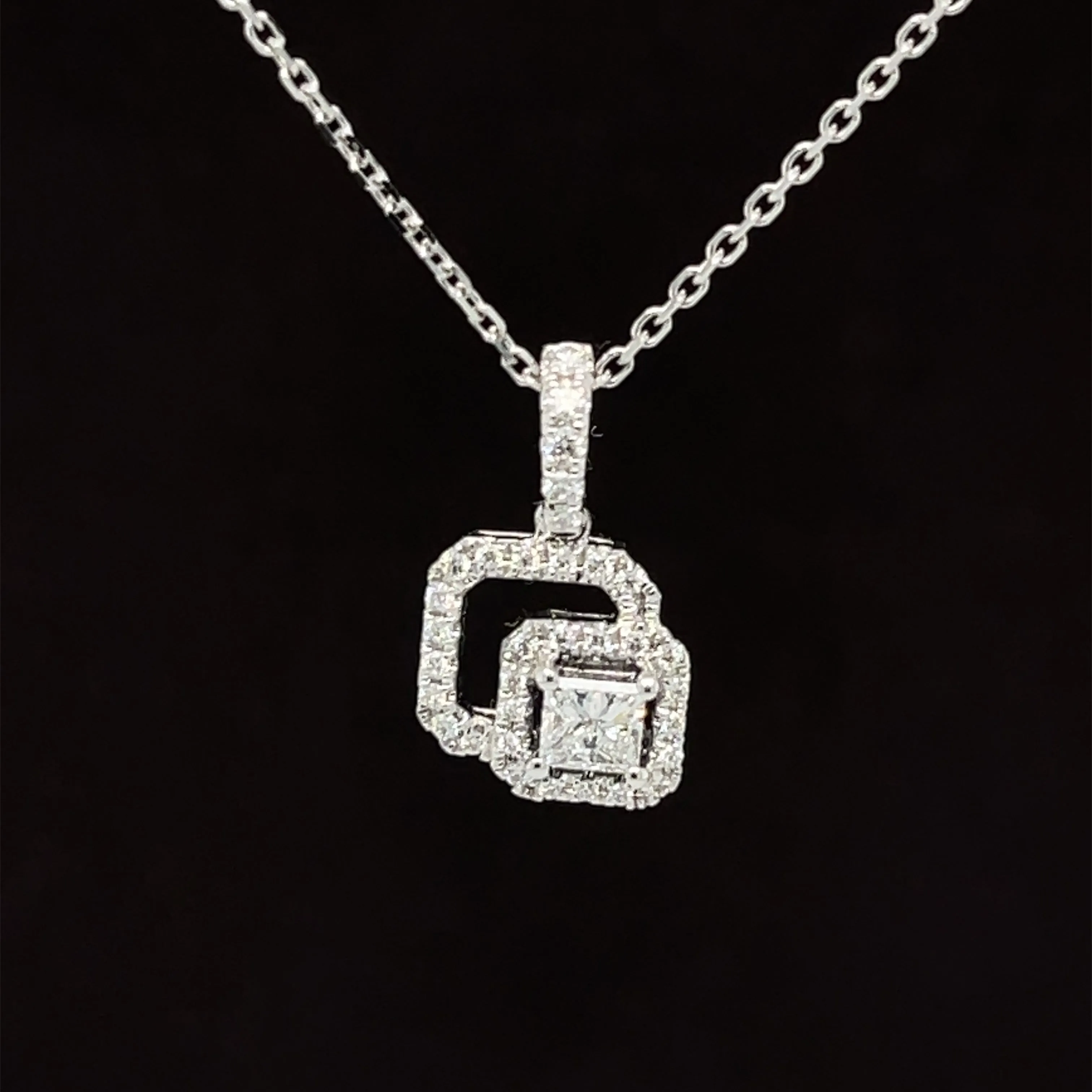 Princess Diamond Solitaire 0.34ctw Double Cushion Halo Necklace in 18k White Gold - #300 - PDDIA346977
