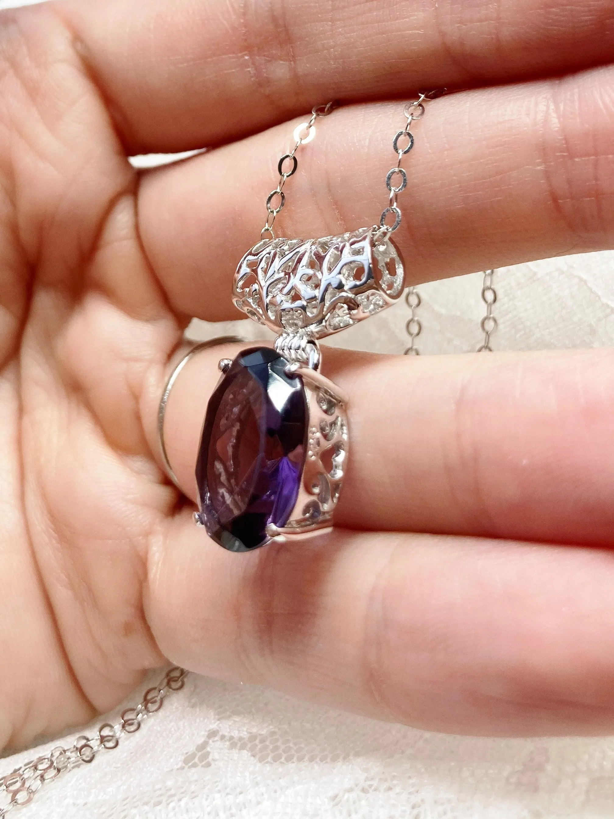 Purple Amethyst Pendant, Oval Gem, Art Deco Jewelry #P35