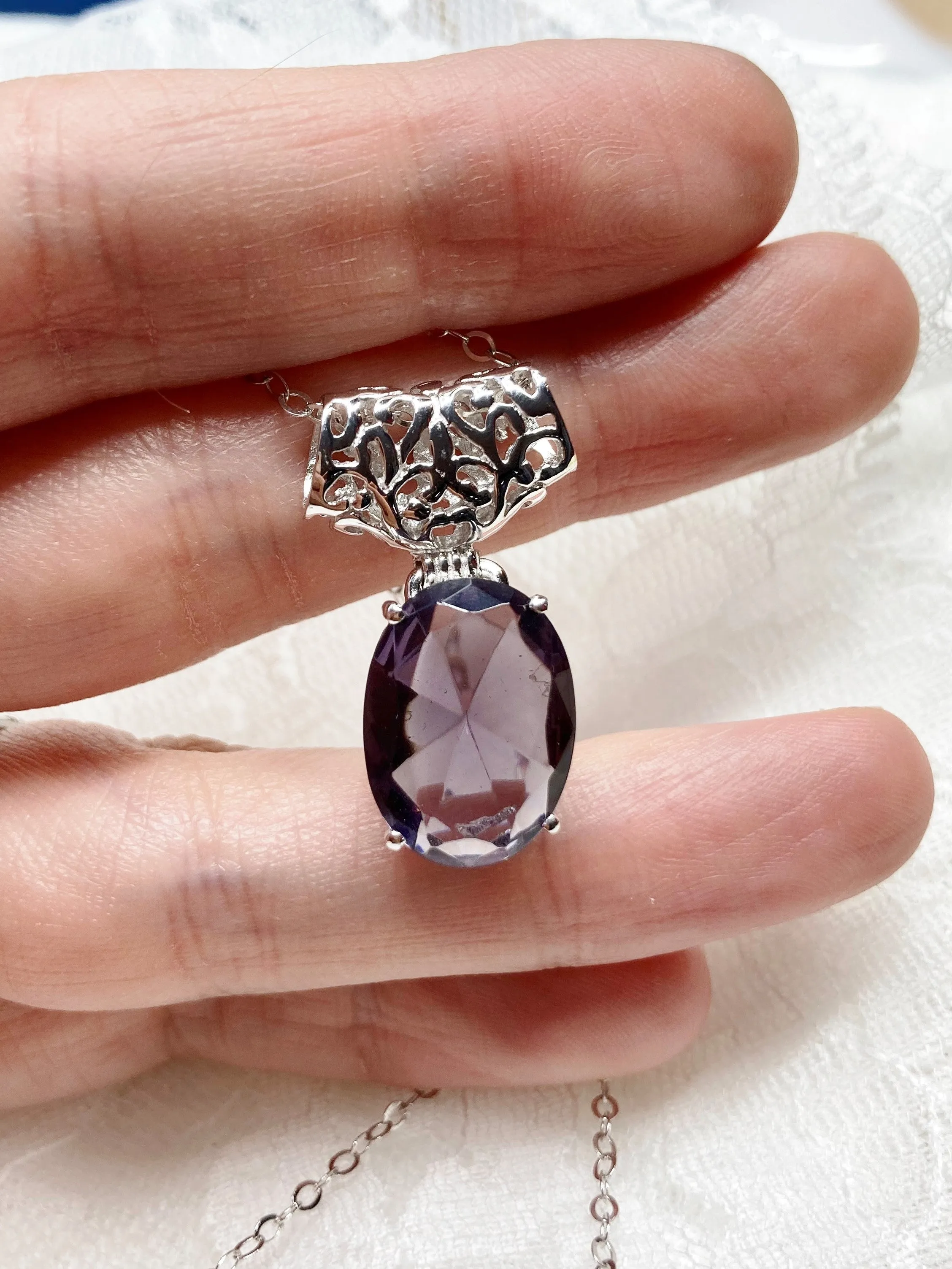 Purple Amethyst Pendant, Oval Gem, Art Deco Jewelry #P35