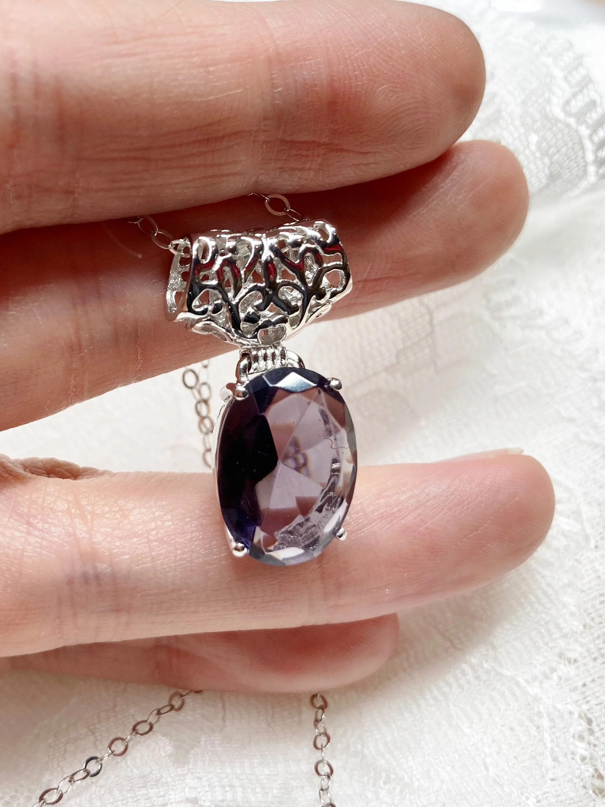 Purple Amethyst Pendant, Oval Gem, Art Deco Jewelry #P35