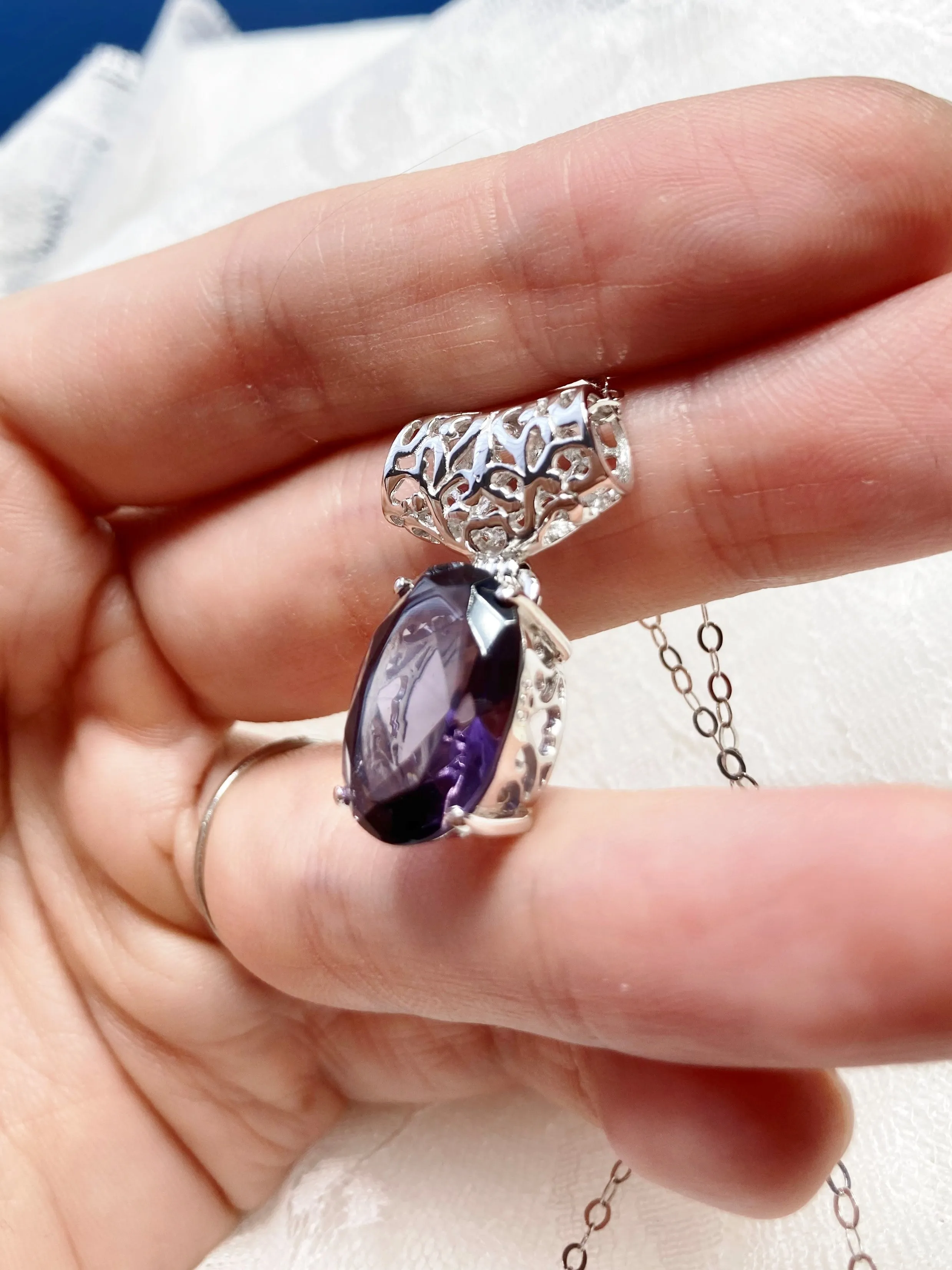 Purple Amethyst Pendant, Oval Gem, Art Deco Jewelry #P35