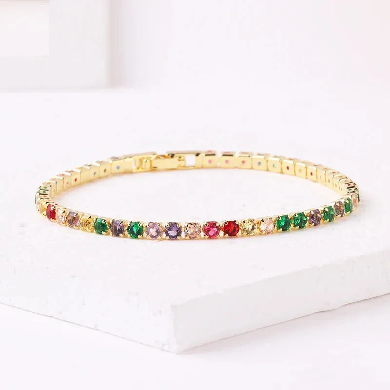 Rainbow Crystal Tennis Bracelets For Women Bracelet Set 18K Gold Silver Colorful Zirconia Femme Bridal Wedding Jewelry