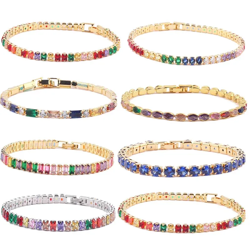 Rainbow Crystal Tennis Bracelets For Women Bracelet Set 18K Gold Silver Colorful Zirconia Femme Bridal Wedding Jewelry
