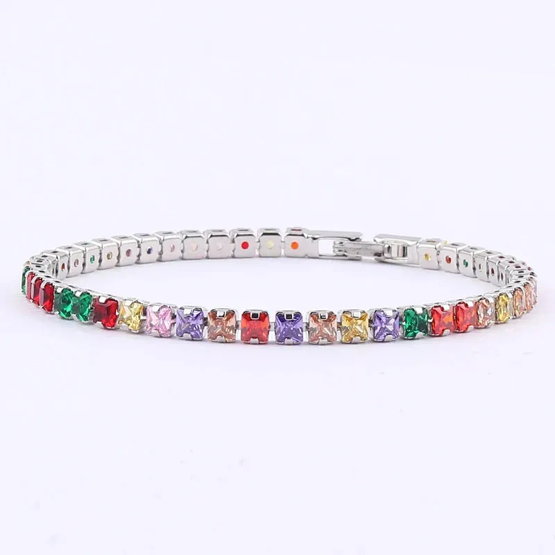 Rainbow Crystal Tennis Bracelets For Women Bracelet Set 18K Gold Silver Colorful Zirconia Femme Bridal Wedding Jewelry