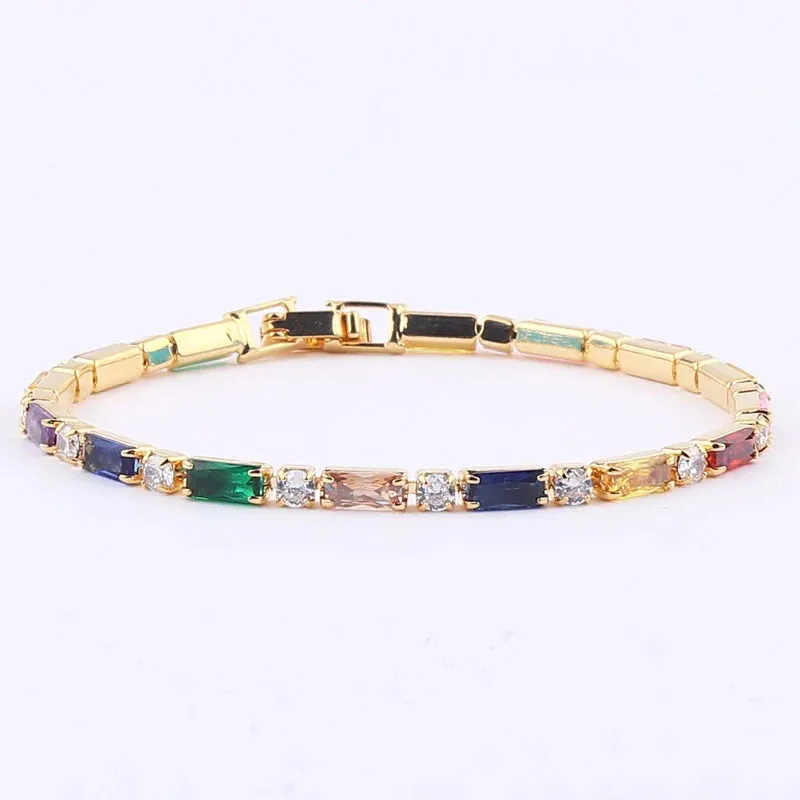 Rainbow Crystal Tennis Bracelets For Women Bracelet Set 18K Gold Silver Colorful Zirconia Femme Bridal Wedding Jewelry