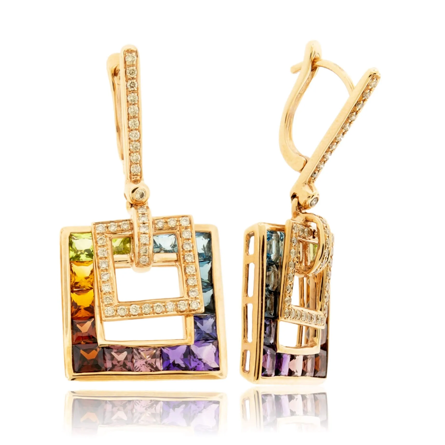Rainbow Mixed Gemstone & Diamond Dangle Square Earrings