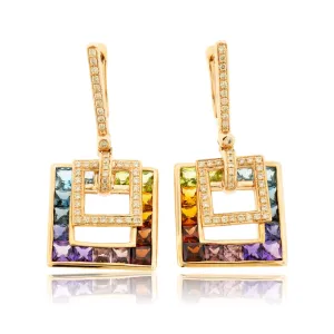 Rainbow Mixed Gemstone & Diamond Dangle Square Earrings