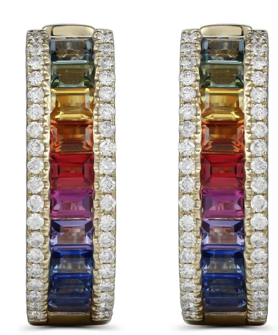 Rainbow Sapphire & Diamond Rose Gold Hoop Earrings