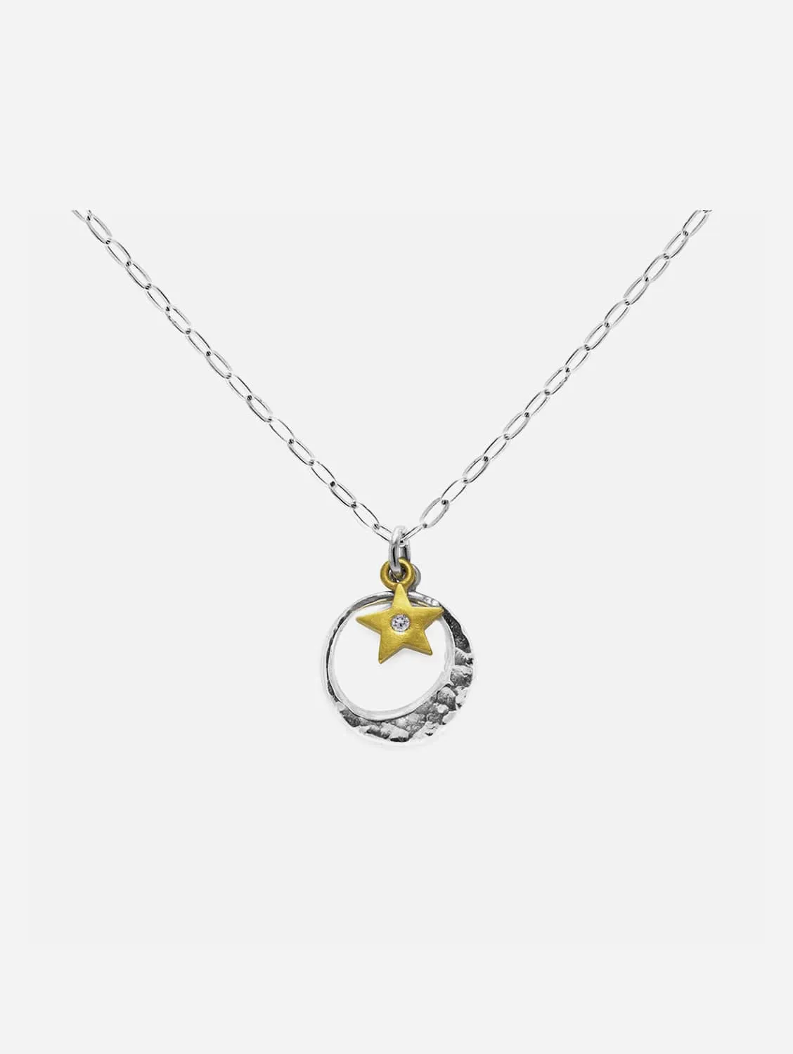 Recycled Sterling Silver Moon & Gold White Sapphire Star Pendant Necklace | Silver & 9ct