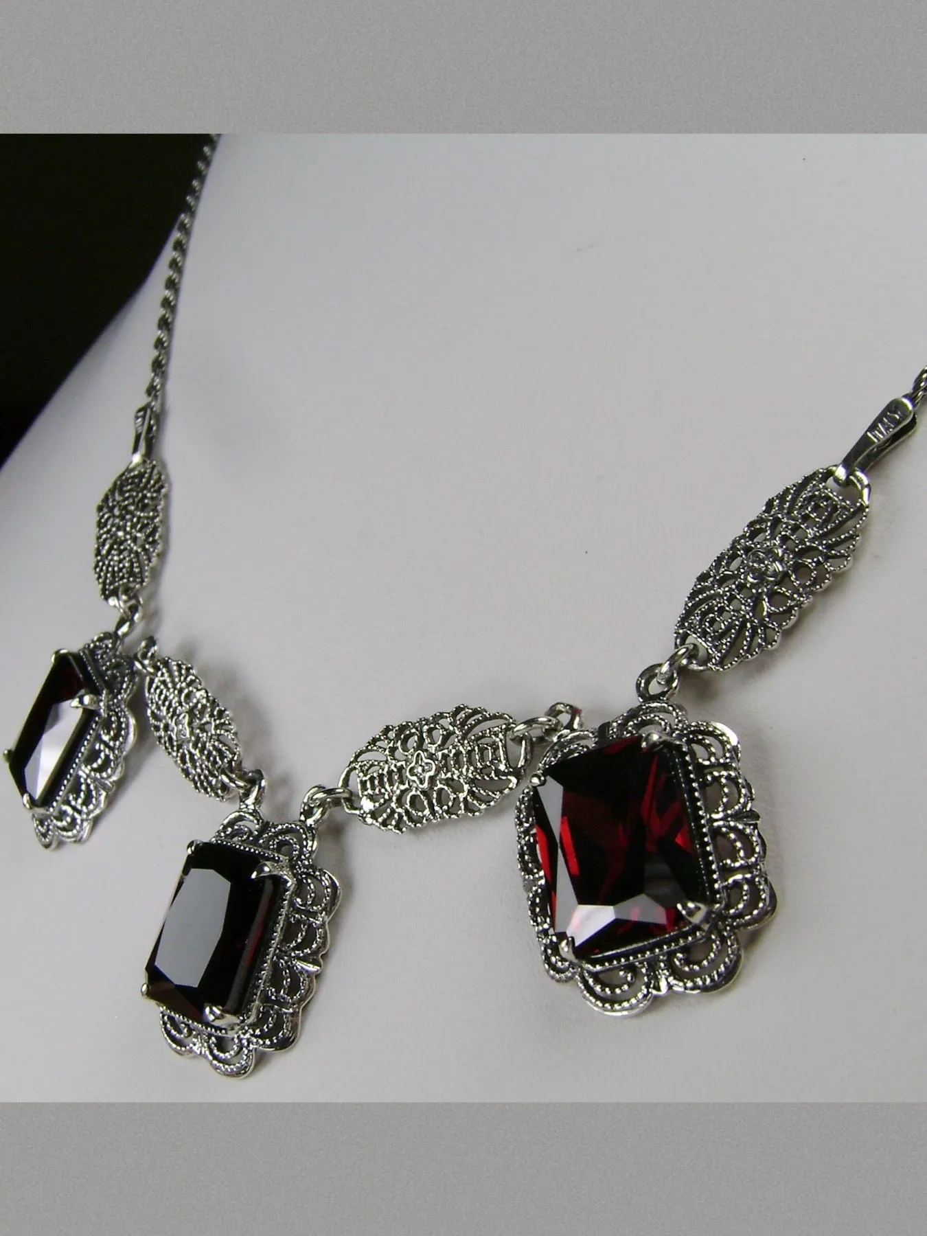 Red Garnet CZ Festoon Necklace, Triple Gem Necklace Vintage Jewelry, P8