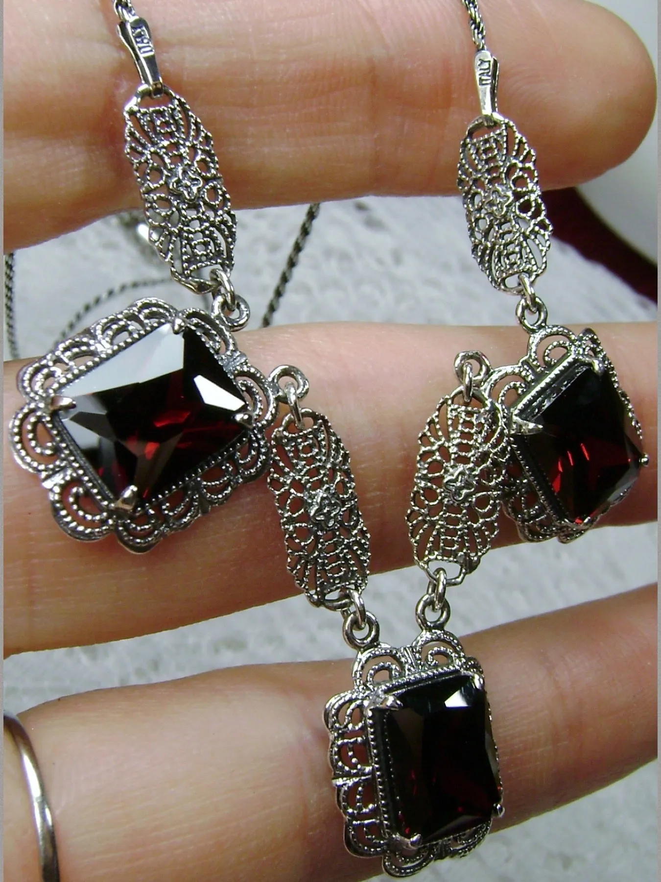 Red Garnet CZ Festoon Necklace, Triple Gem Necklace Vintage Jewelry, P8