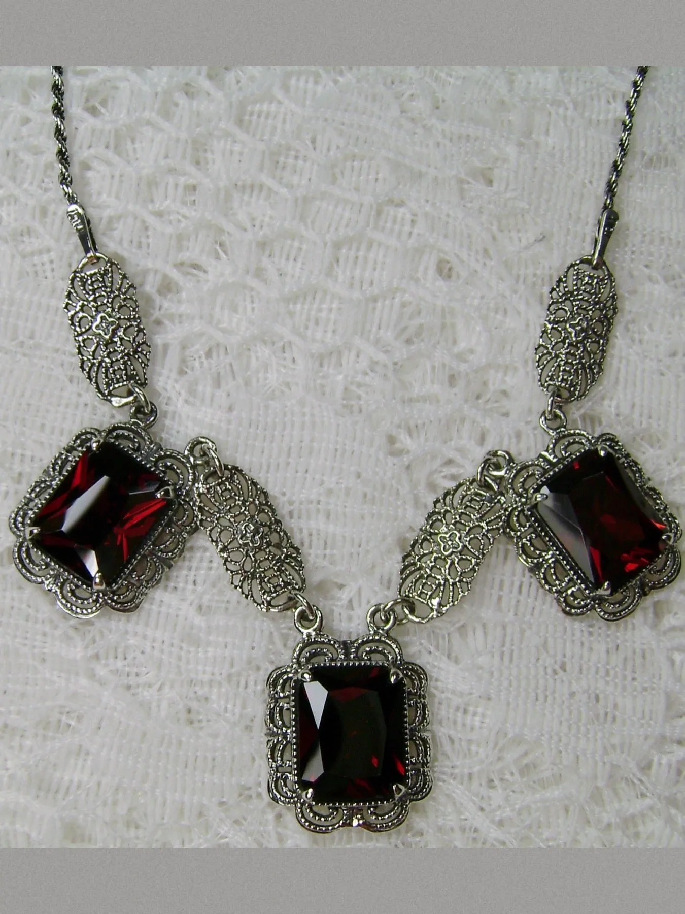 Red Garnet CZ Festoon Necklace, Triple Gem Necklace Vintage Jewelry, P8