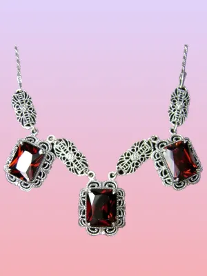 Red Garnet CZ Festoon Necklace, Triple Gem Necklace Vintage Jewelry, P8