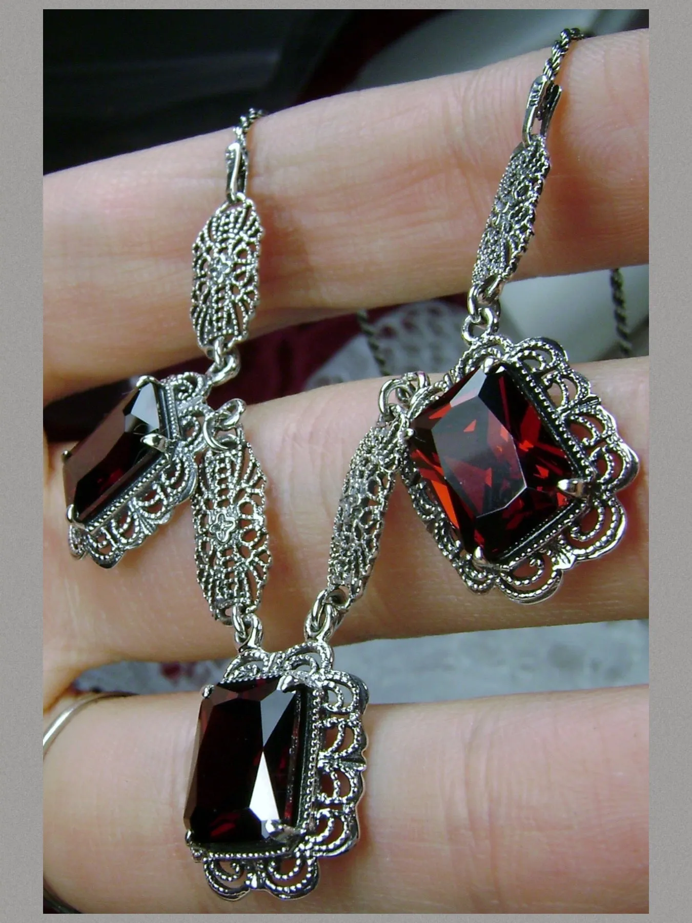 Red Garnet CZ Festoon Necklace, Triple Gem Necklace Vintage Jewelry, P8
