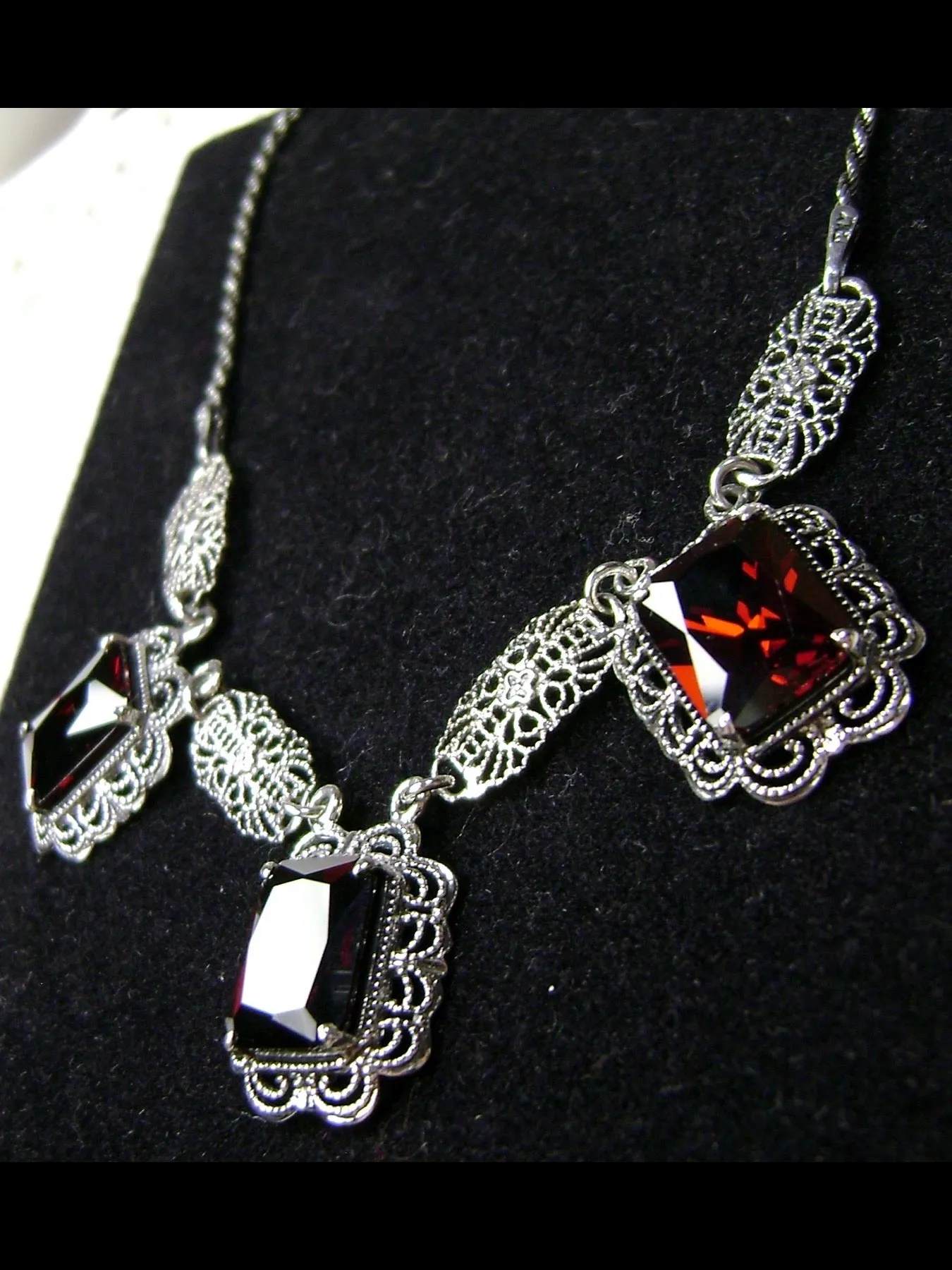 Red Garnet CZ Festoon Necklace, Triple Gem Necklace Vintage Jewelry, P8