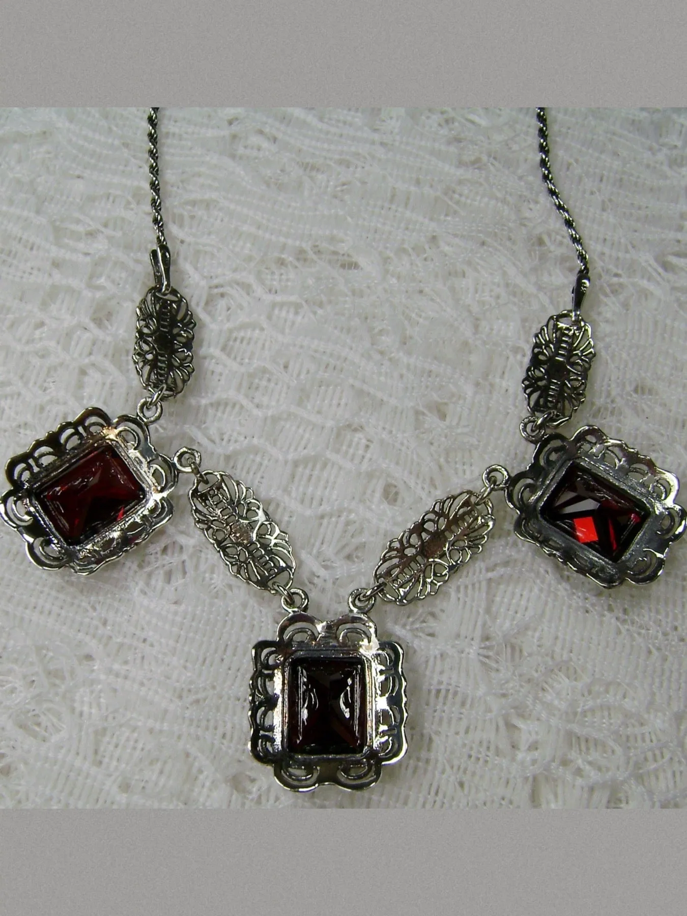 Red Garnet CZ Festoon Necklace, Triple Gem Necklace Vintage Jewelry, P8
