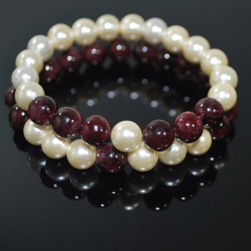 Red Garnett and Cream Shell Pearls Double Strands Bracelets
