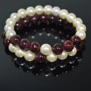Red Garnett and Cream Shell Pearls Double Strands Bracelets