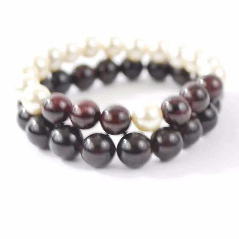 Red Garnett and Cream Shell Pearls Double Strands Bracelets
