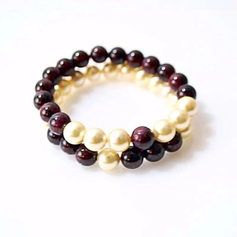 Red Garnett and Cream Shell Pearls Double Strands Bracelets