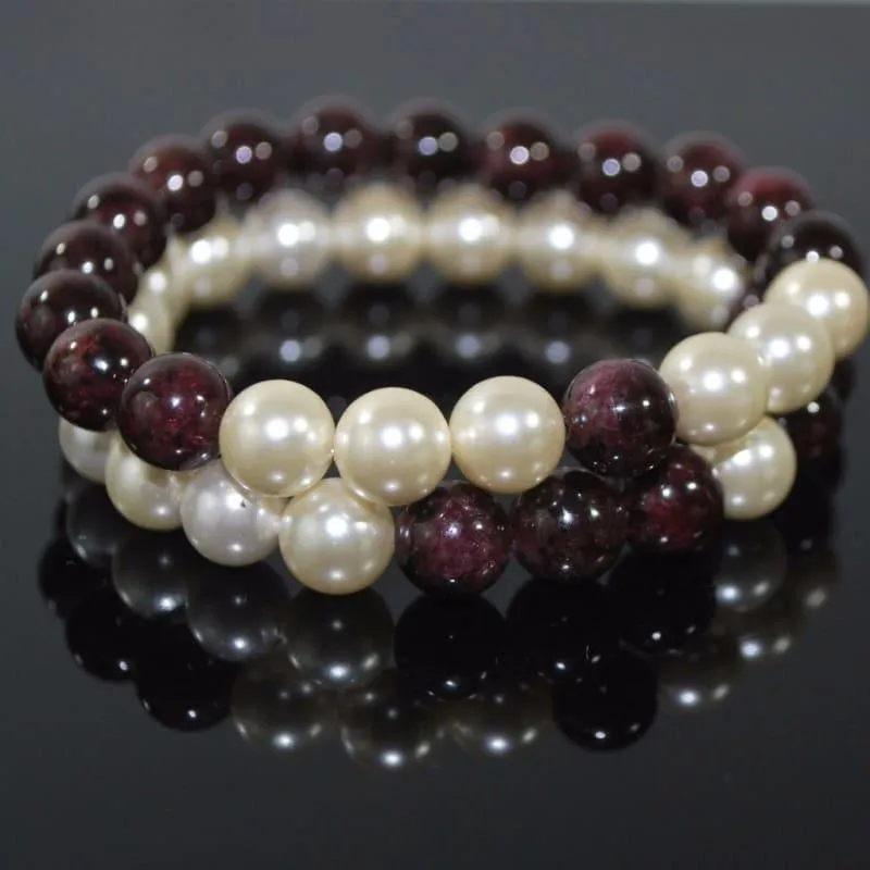 Red Garnett and Cream Shell Pearls Double Strands Bracelets
