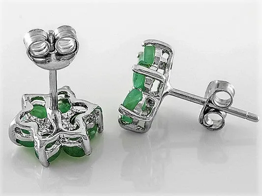 Rhodium over Sterling Silver EMERALD & Diamond Flower Stud Earrings