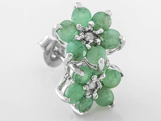 Rhodium over Sterling Silver EMERALD & Diamond Flower Stud Earrings