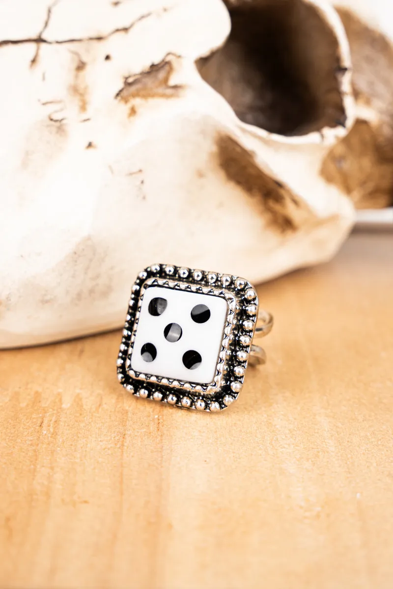 Roll The Dice White Stretch Silvertone Ring