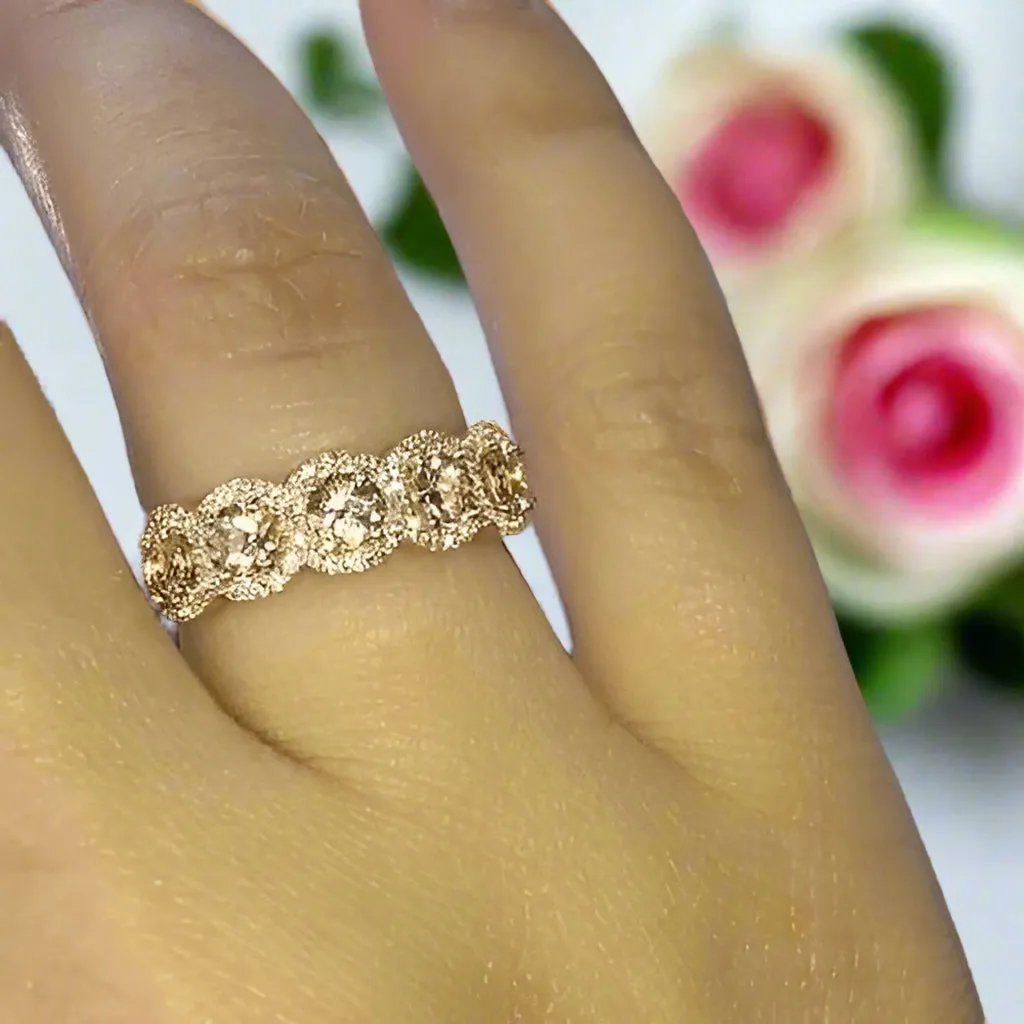 Rose Gold Halo Five Stone Champagne Stone Ring