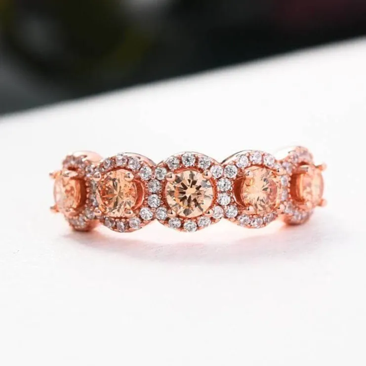 Rose Gold Halo Five Stone Champagne Stone Ring