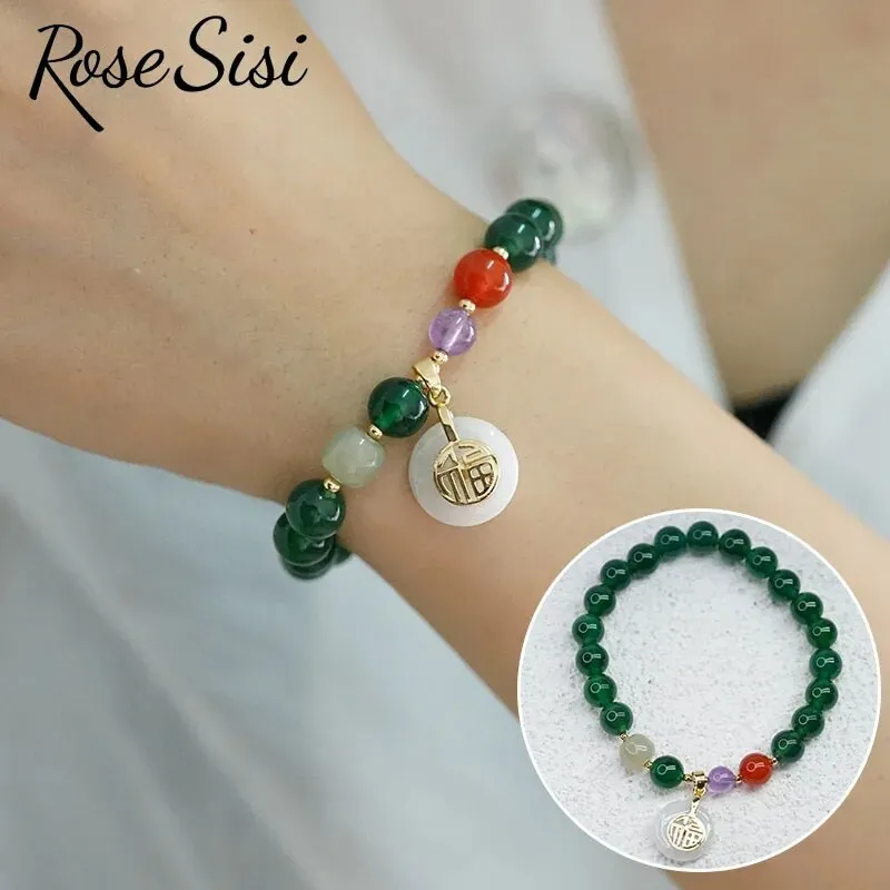 Rose sisi Chinese style retro agate bracelet for women natural stone bracelet transfer gourd pendant life lock jewelry for women