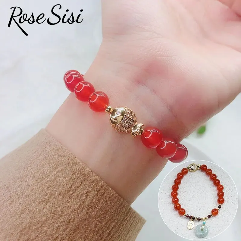 Rose sisi Chinese style retro agate bracelet for women natural stone bracelet transfer gourd pendant life lock jewelry for women