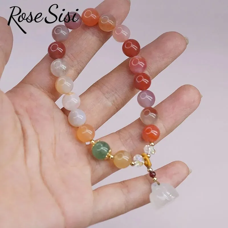 Rose sisi Chinese style retro agate bracelet for women natural stone bracelet transfer gourd pendant life lock jewelry for women