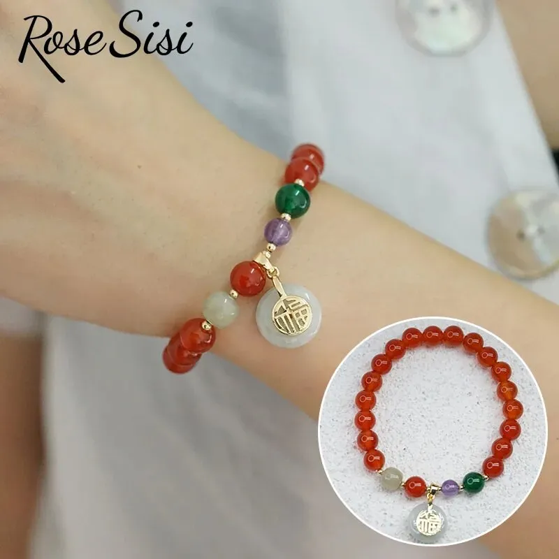 Rose sisi Chinese style retro agate bracelet for women natural stone bracelet transfer gourd pendant life lock jewelry for women