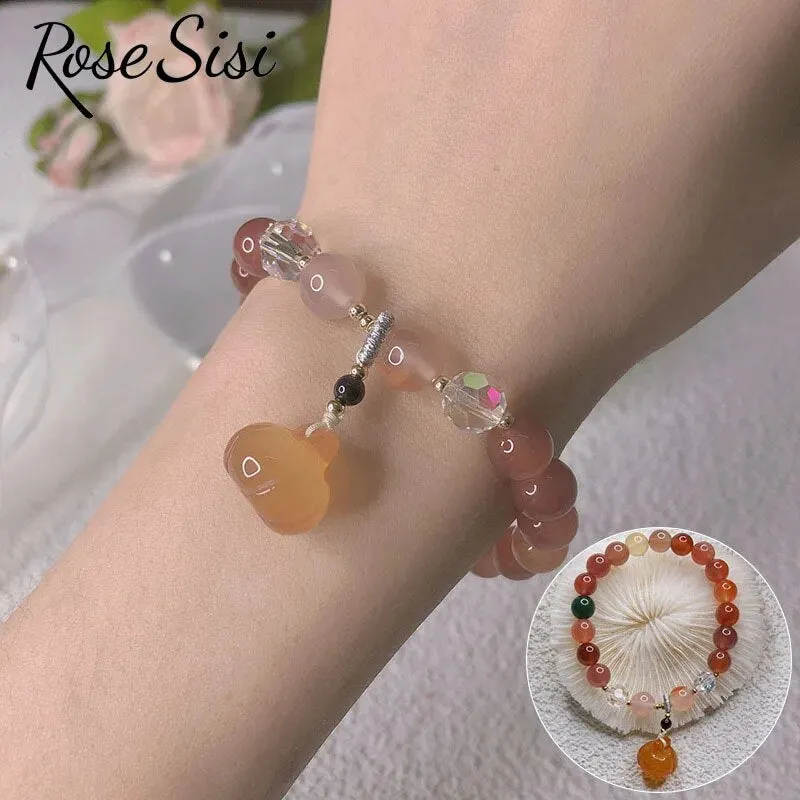 Rose sisi Chinese style retro agate bracelet for women natural stone bracelet transfer gourd pendant life lock jewelry for women