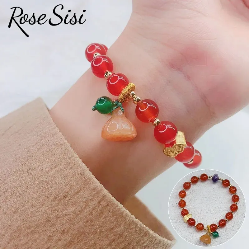 Rose sisi Chinese style retro agate bracelet for women natural stone bracelet transfer gourd pendant life lock jewelry for women