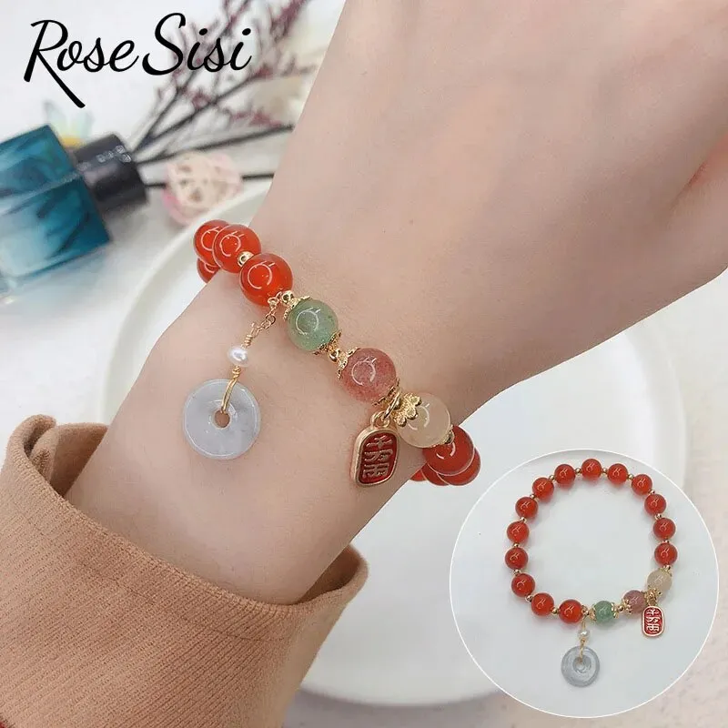 Rose sisi Chinese style retro agate bracelet for women natural stone bracelet transfer gourd pendant life lock jewelry for women